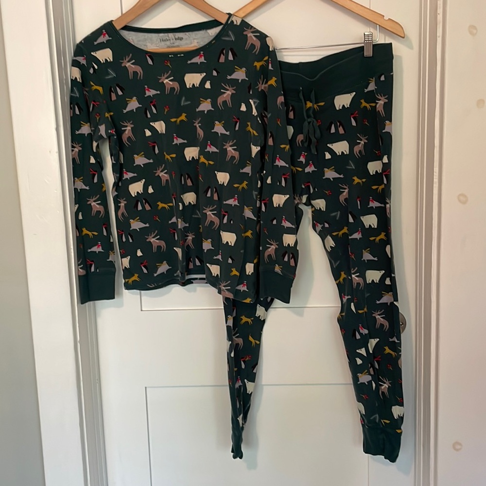 Hatley x Indigo pyjamas, size large, green with various animals.